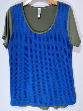LuLaRoe Olive Green Short Sleeve Top with Royal Blue Mesh Overlay